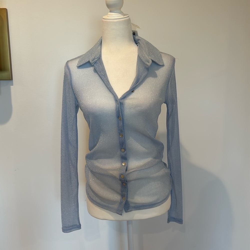 Forever 21, NYT, sheer, metallic, light blue blouse. Size M